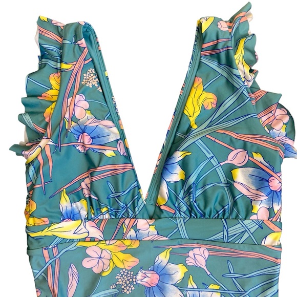 ModCloth The Kelsie Ruffle Blue Floral Plunge Neck One Piece Swimsuit Sz L - Picture 3 of 16